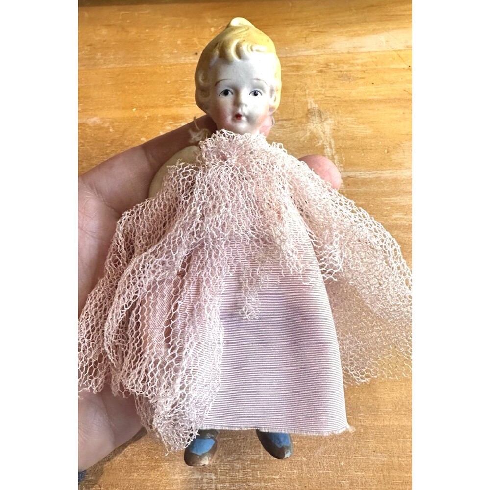 Vintage string jointed 5 in Doll Pink Dress Blonde Hair Occupied Japan bisque